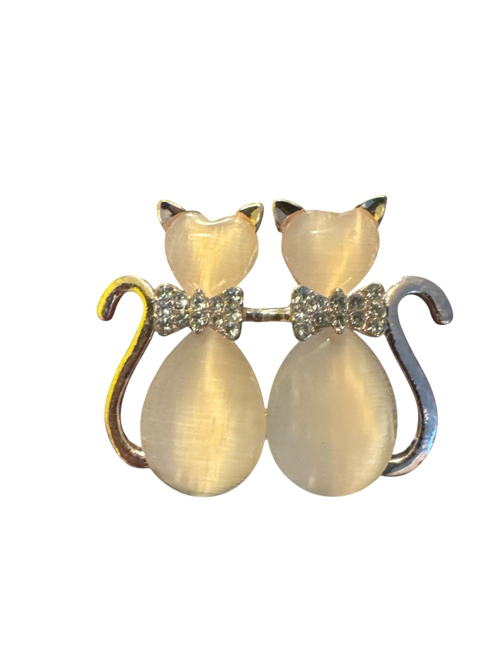 Cat Duo Crystal Bow Brooch - Cream Cat Silhouette Pin